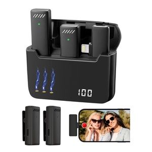 Wireless Lavalier Microphones for iPhone iPad 2.4GHz Clip-on Mic w/ Charging Cas
